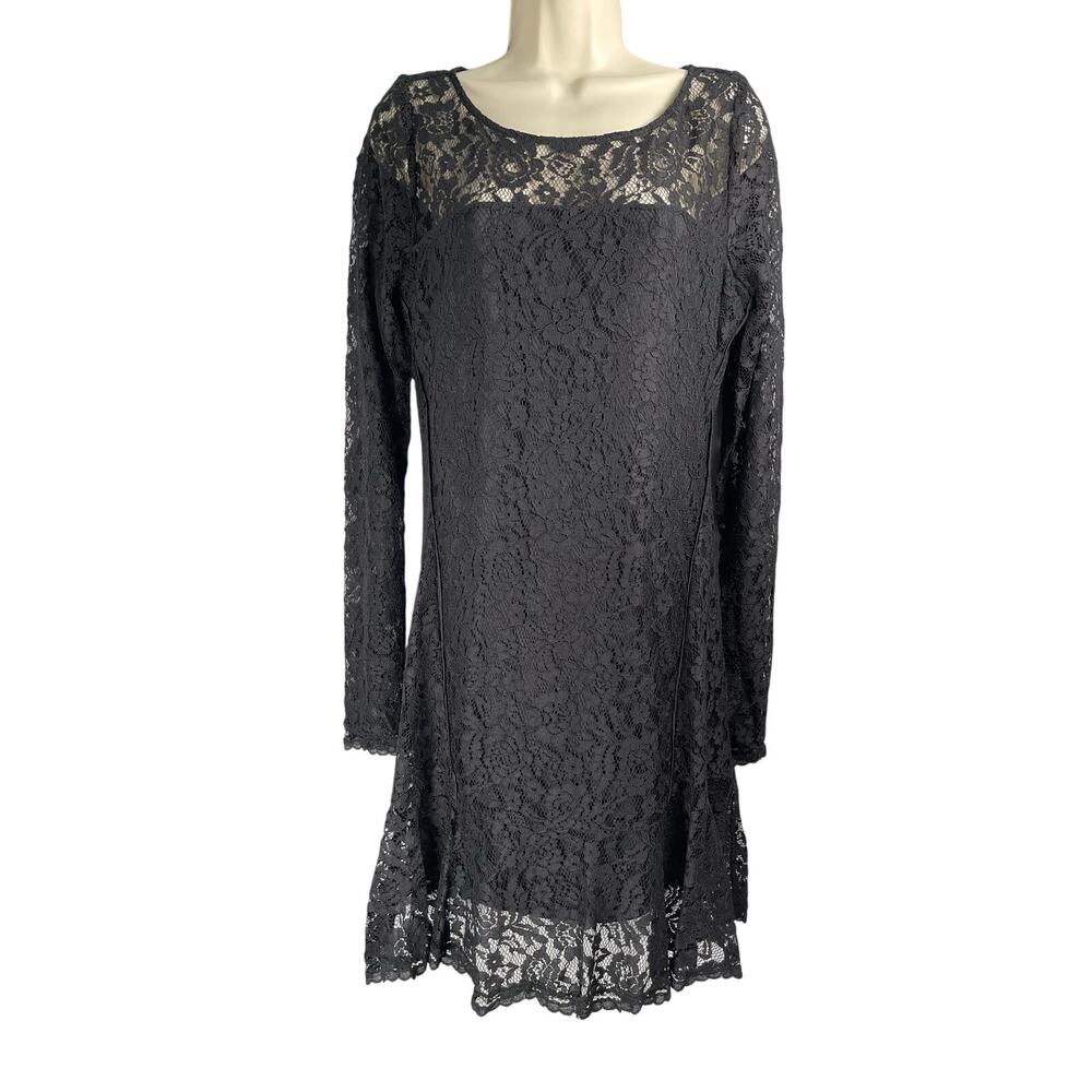 Hale Bob Dress L Black Lace Long Sleeve Flare Cocktail Witchy Goth Romantic